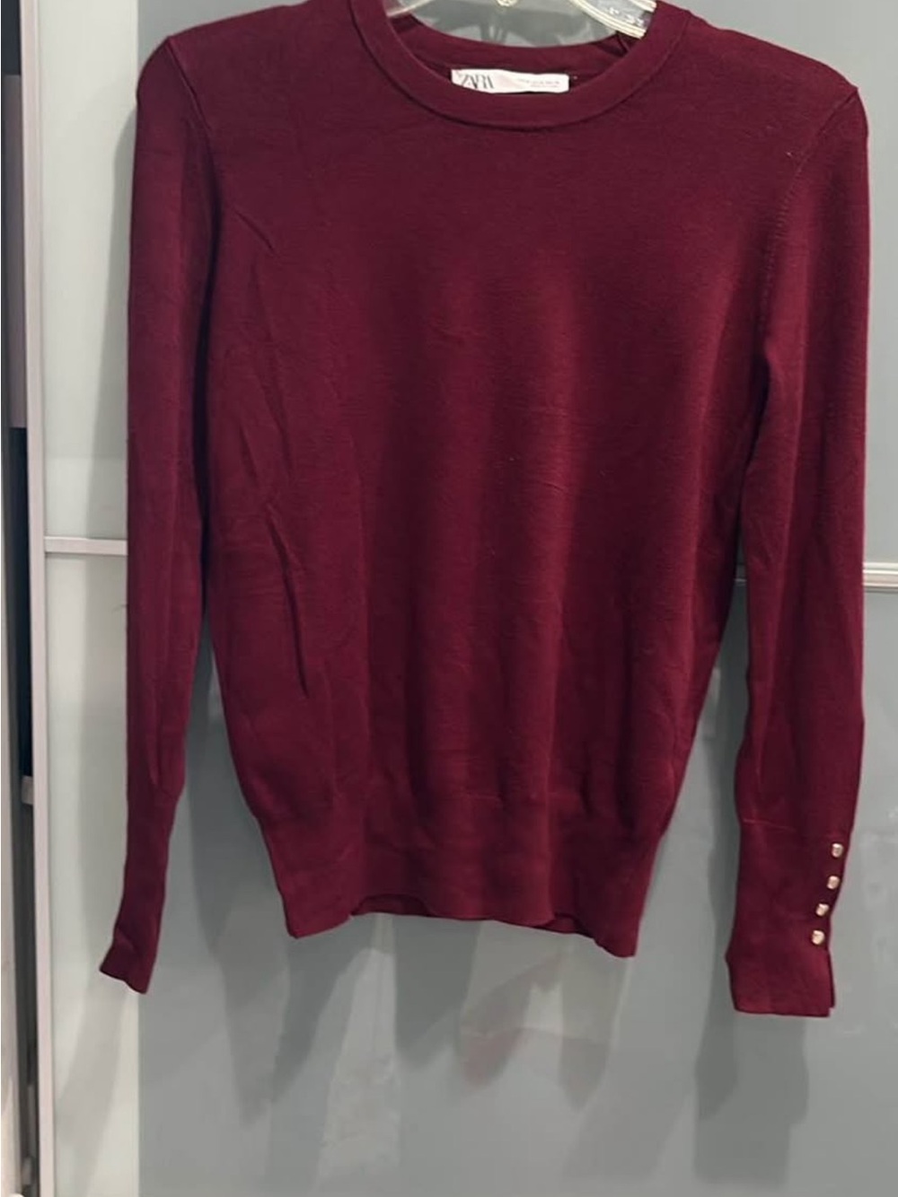 Zara Ladies Wine Red Crewneck Sweater with Cuff Buttons